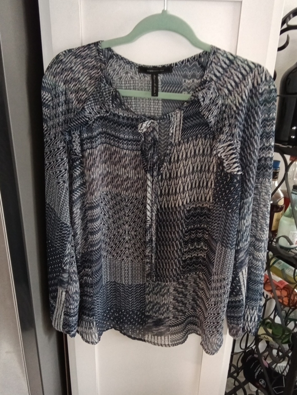 Max Studio Navy and White Printed Long-Sleeve Tie-Neck Blouse